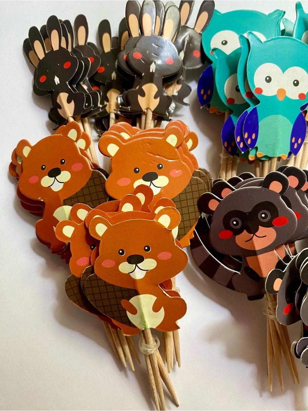 64 Woodland Animal Cupcake Toppers - Owl, Raccoon, Rabbit Party Picks